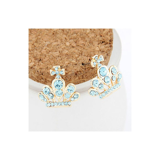 Exquisite blue crystals embedded princess crown stud earrings
