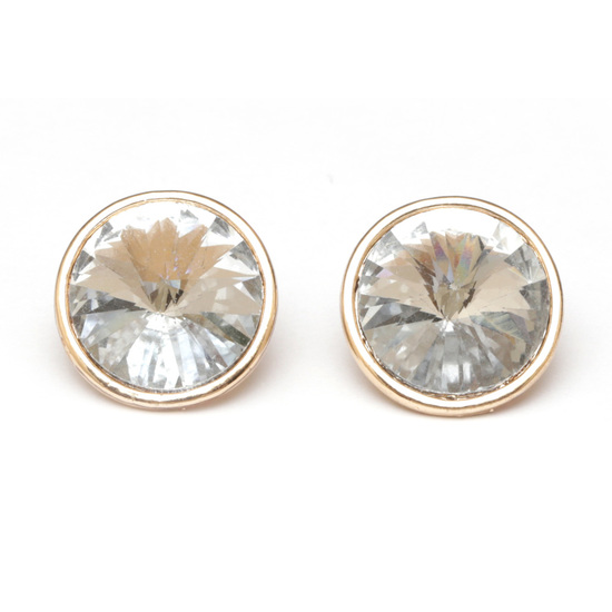 Clear faceted round button with gold-tone edge stud earrings