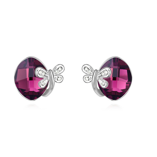 Purple teardrop Swarovski Elements Crysal with dragonfly platinum-plated stud earrings