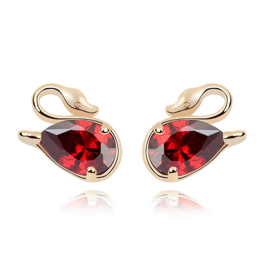 Gold-plated swan with red zircon crystal stud earrings
