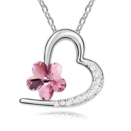 Gold-plated necklace with pink Swarovski Elements Crystal flower and heart pendant