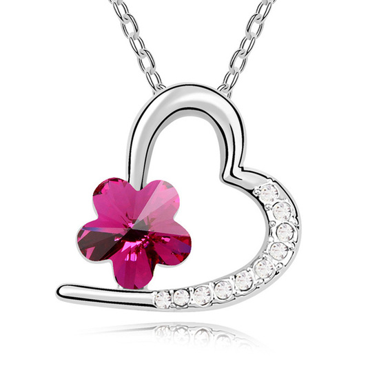 Gold-plated necklace with purple Swarovski Elements Crystal flower and heart pendant