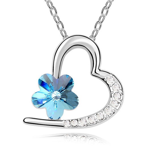 Gold-plated necklace with blue Swarovski Elements Crystal flower and heart pendant