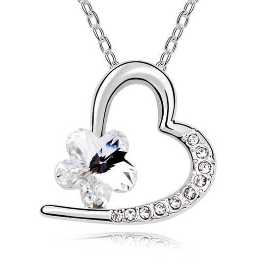 Gold-plated necklace with white Swarovski Elements Crystal flower and heart pendant