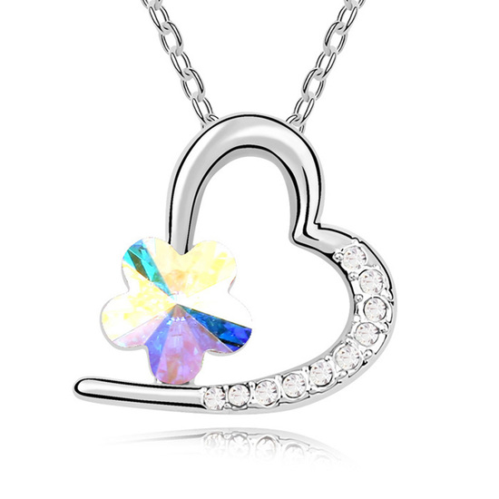 Gold-plated necklace with AB colour white Swarovski Elements Crystal flower and heart pendant
