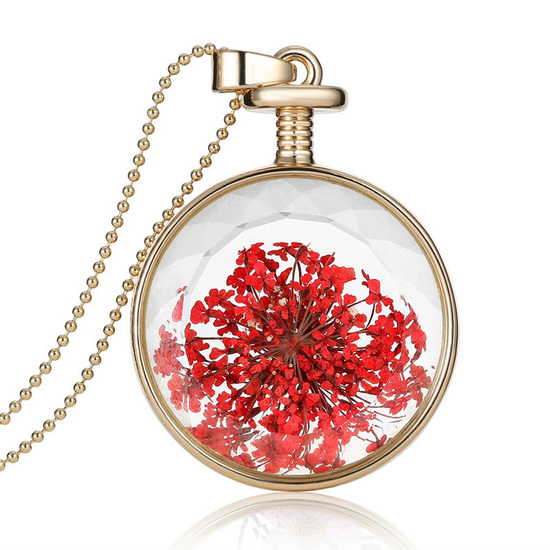 Red dried flower in gold-tone setting pendant necklace