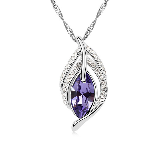 Tanzanite colour and white Swarovski Elements Crystal teardrop leaf gold-plated pendant necklace