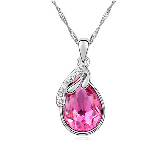 Gorgeous pink Austrian crystal teardrop with CZ gold-plated fruitful pendant necklace