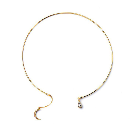 Unique gold-tone necklace with CZ crescent and teardrop