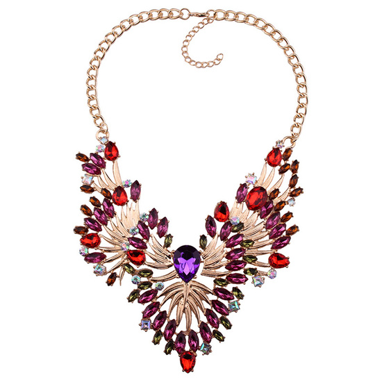 Magnificent purple red peacock inspired feceted rhinestone crystal statement necklace