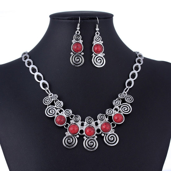 Vintage red imitation turquoise round and spiral inspired drop earrings and collarbone necklace set