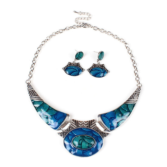 Antique silver plated blue turquoise wavy ocean...