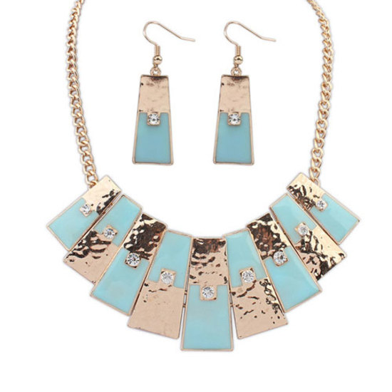 Retro blue geometric personality necklace and...