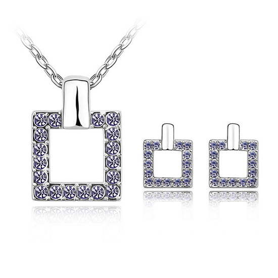 Tanzanite colour Austrian Crystal pave square necklace and earrings jewellery set