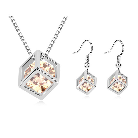 Champagne cubic zirconia cube gold-plated pendant necklace and earrings jewellery set