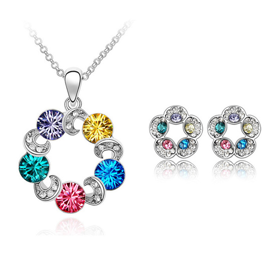 Colourful Swarovski Elements Crystal flower pave gold-plated necklace and earrings jewellery set