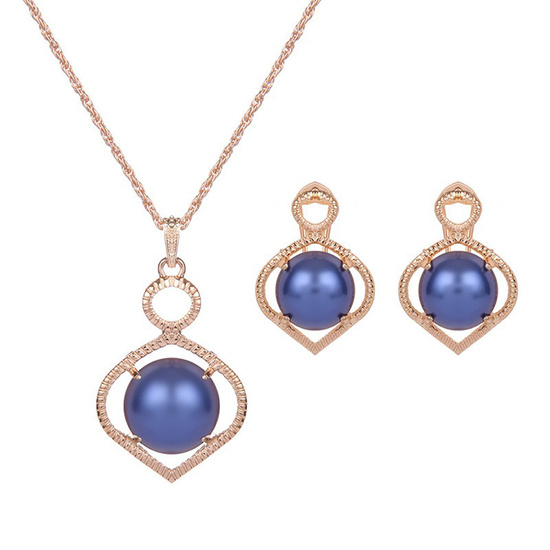 Blue round acrylic bead with gold-tone pendant necklace and earrings jewellery set