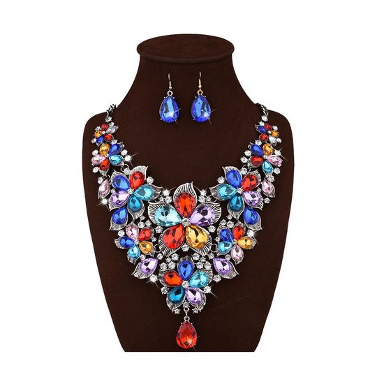 Colourful Crystal Flower Necklace and Earrings Jewellery Set - Silver Colour