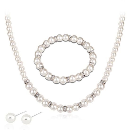 White Simulated Pearl Jewellery Set Necklace Bracelet Earrings