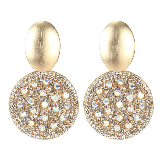 Crystal Disc and Gold Tone Oval Drop Earrings
