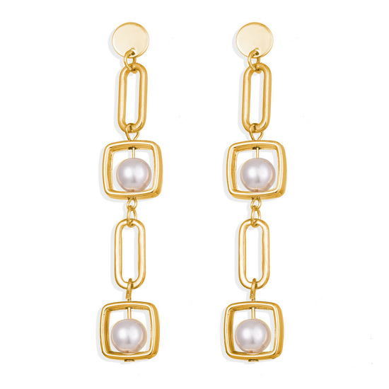Faux Pearl Geometric Gold Tone Drop Earrings