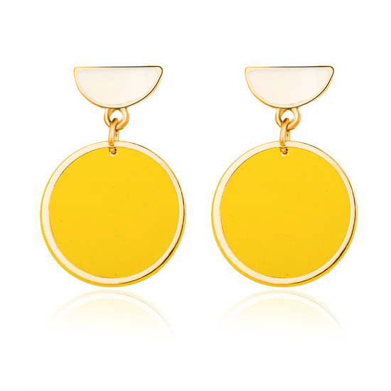 Yellow Disc and Half Mood Gold Tone Hoop Drop Earrings