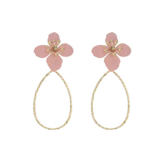 Oversized Pink Flower with Textured Teardrop Drop Earrings