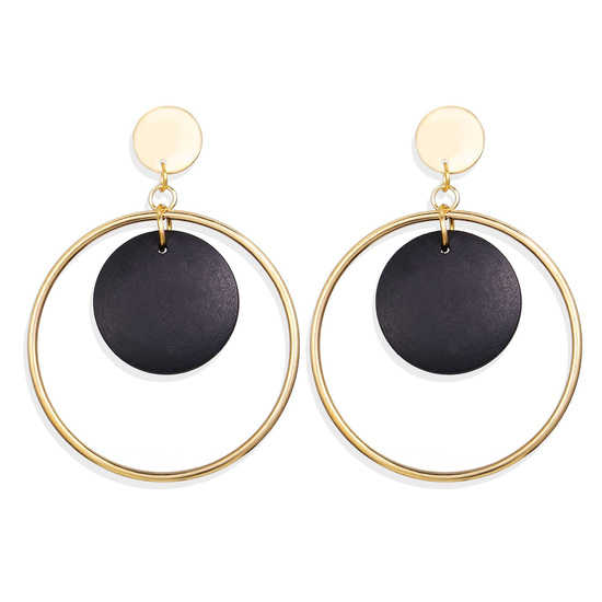 Black Wooden Disc Gold Tone Hoop Drop Earrings