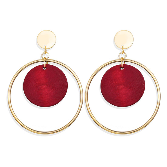 Reddish Pink Wooden Disc Gold Tone Hoop Drop Earrings