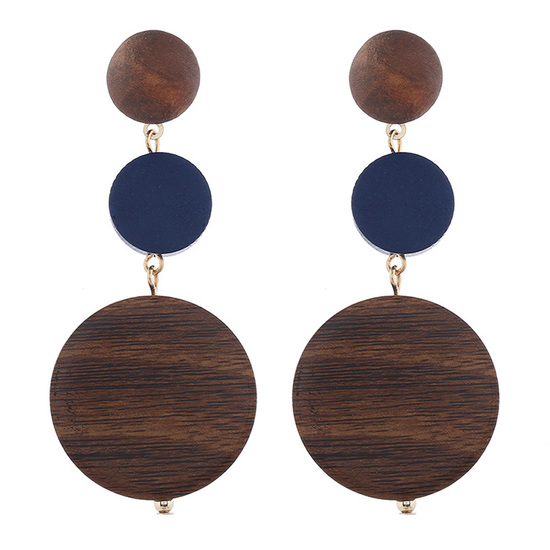 Trio Blue and Brown Round Wooden Drop Earrings