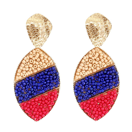 Beige Blue Red Seed Bead Leaf Drop Earrings