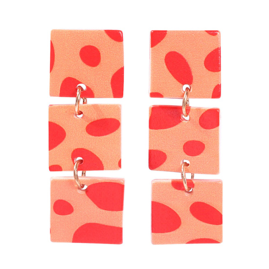 Three Tiered Red Cow Print Square Drop Earrings