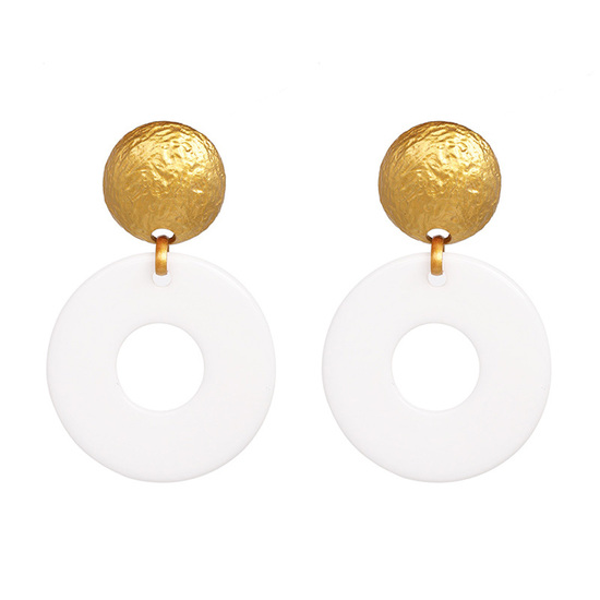 White Donut Hoop with Textured Button Drop Earrings