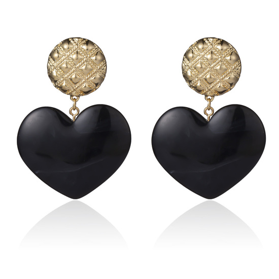 Black Marble Effect Heart with Grid Pattern Button Drop Earrings