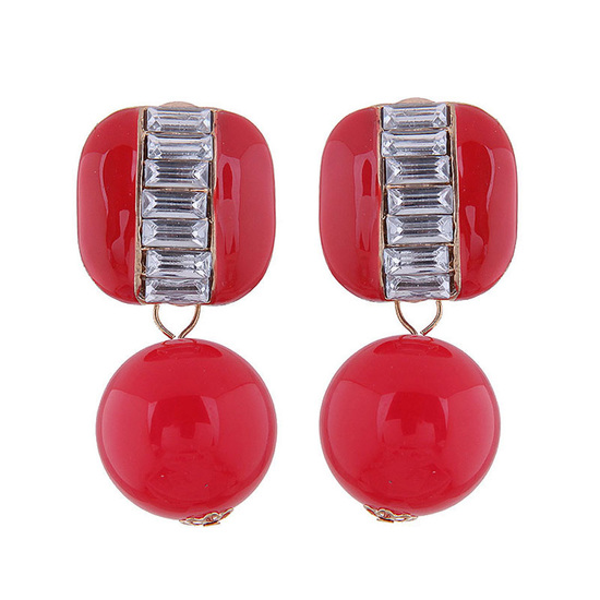 Red Bead and Square Baguette Crystal Drop Earrings
