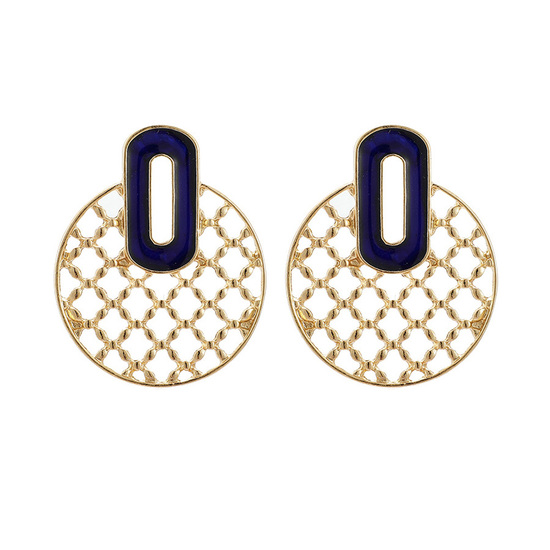Gold Tone Waffle Pattern With Blue Enamel Stud Earrings