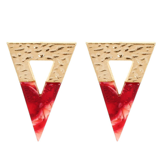 Red Acrylic and Gold Tone Textured Triangle Stud Earrings