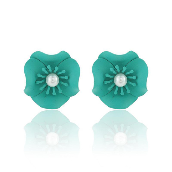 Pastel Green Flower With Faux Pearl Stud Earrings