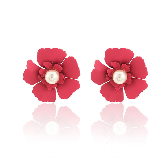 Pastel Pink Flower With Faux Pearl Stud Earrings