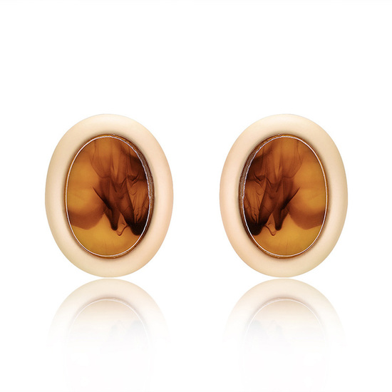 Brown Marble Effect Oval Gold Tone Trim Stud Earrings