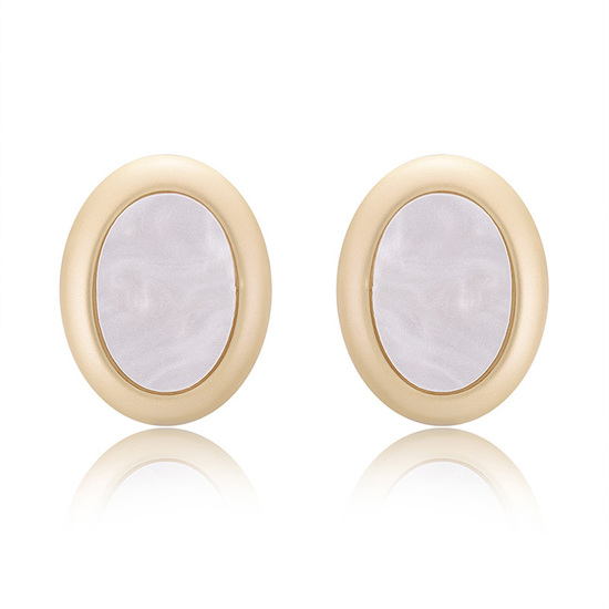 White Marble Effect Oval Gold Tone Trim Stud Earrings