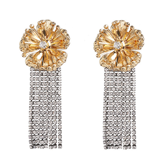 Gold Tone Flower with Crystal Tassel Drop Earrings
