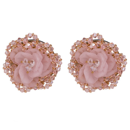 Oversized Pink Flower with Crystal Beads Statement Earrings