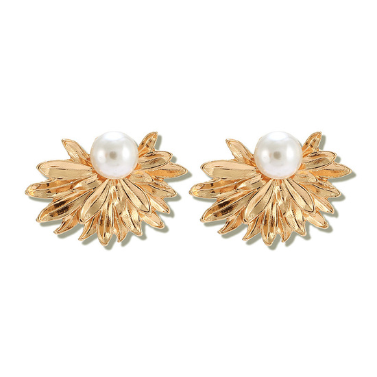Gold Tone Half Flower with Pearl Stud Earrings