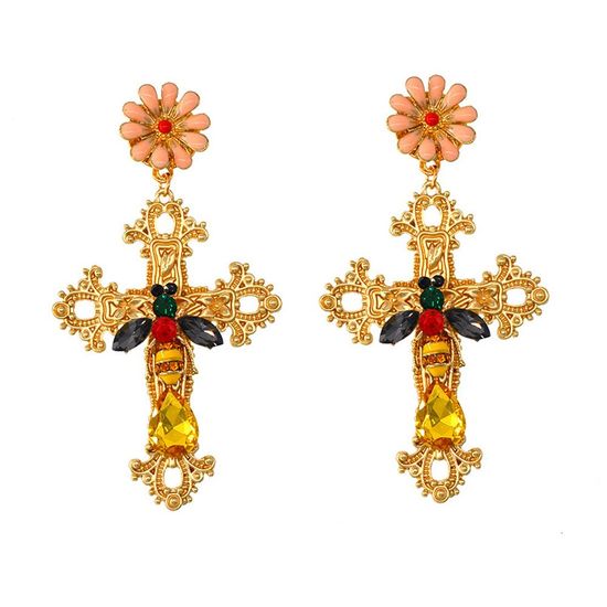 Gold Tone Cross with Bee Flower Victorian Byzantine Vintage Drop Earrings