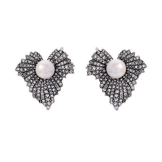 Antique Silver-Tone Diamante Leaf with Pearl Vintage Inspired Stud Earrings