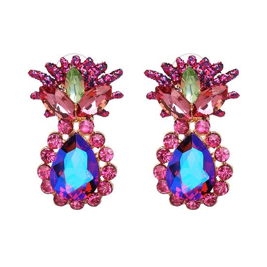 Pink Purple Crystal Pineapple Vintage Inspired Big Bold Statement Stud Earrings