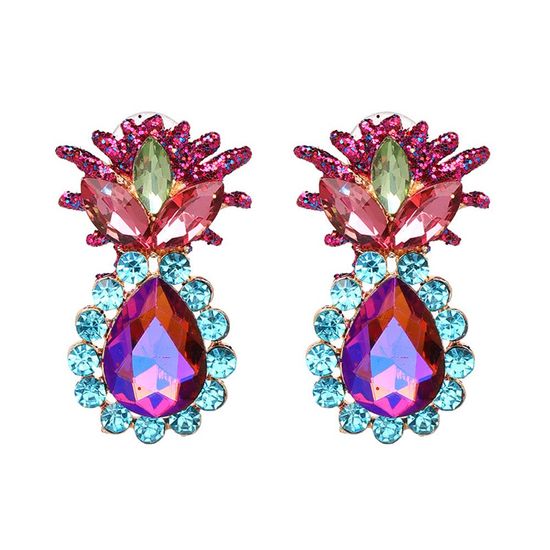 Blue Purple Crystal Pineapple Vintage Inspired Big Bold Statement Stud Earrings