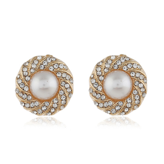 Bridal Gold Tone Pearl and Crystals Vintage Inspired Big Bold Stud Earrings