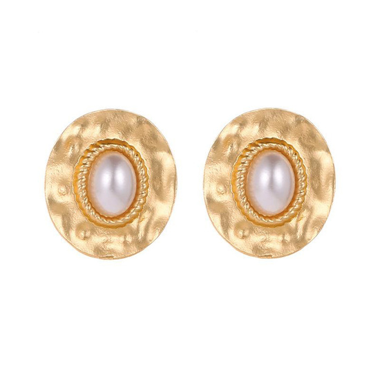 Bridal White Faux Oval Pearl in Gold Tone Vintage Inspired Stud Earrings